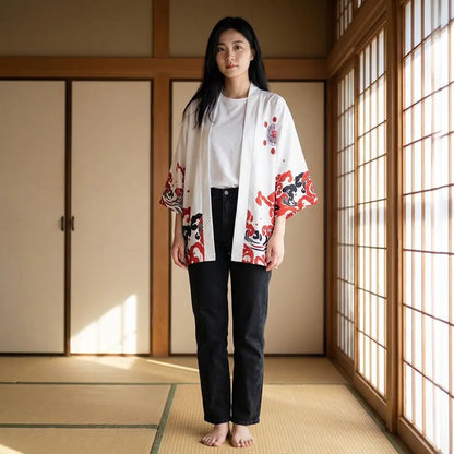 Frau trägt roten Haori in einem Raum mit Tatami und Shoji-Schiebetüren