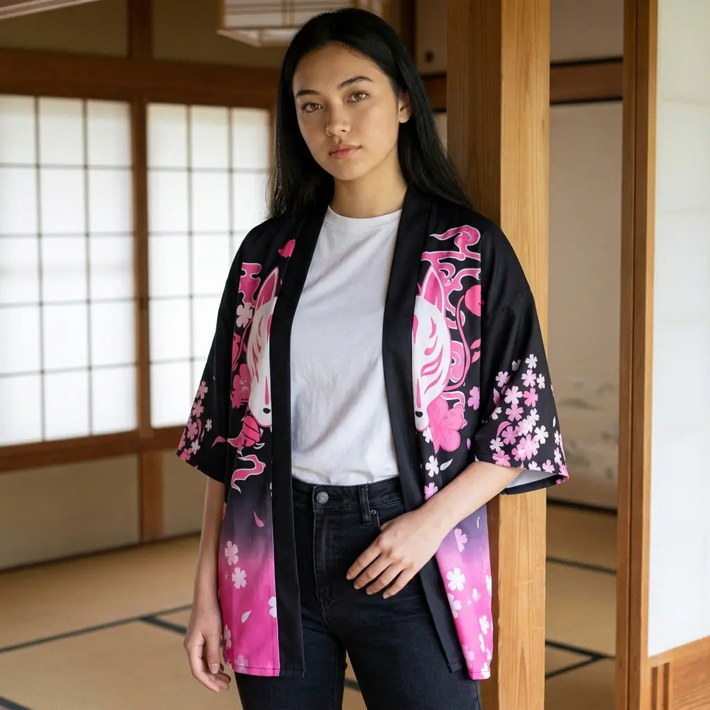 Nahaufnahme des rosa Kitsune-Haori mit Blüten und Fuchsmotiv auf den unteren Bahnen