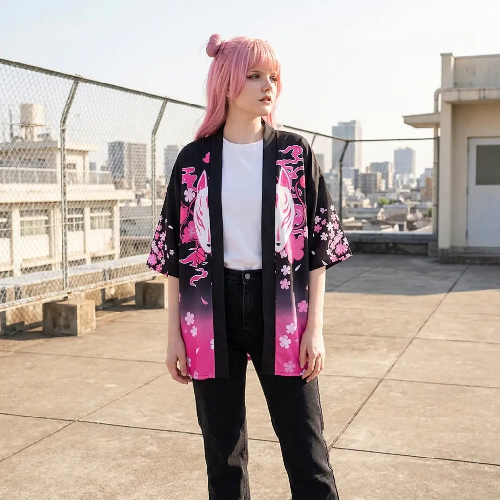 Rosa Kimono-Jacke mit Farbverlauf auf einem Dach, die Farbe vertieft sich zum Saum hin