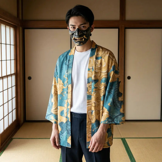 Mann trägt Haori Harajuku Kimono Jacke in japanischem Washitsu-Zimmer mit Shoji-Wänden