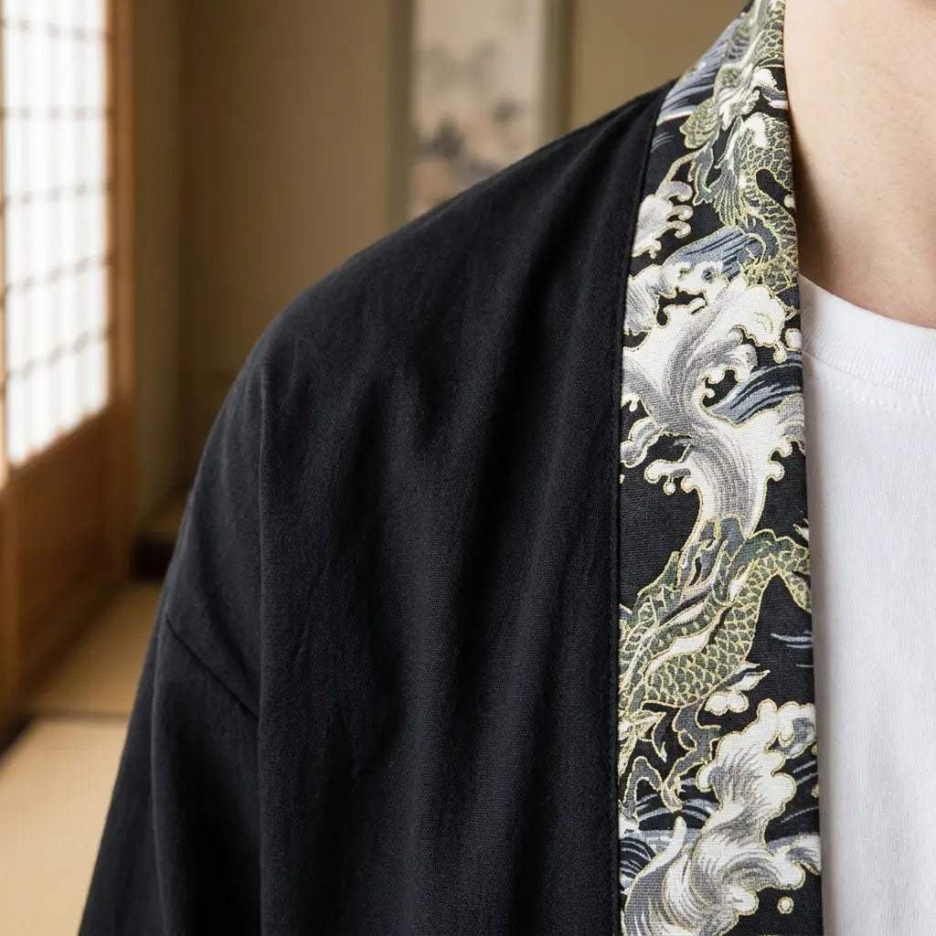 Nahaufnahme von Stoffdruck und Ärmel der Haori Kimono Jacke