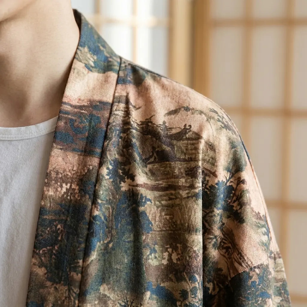 Nahaufnahme des bedruckten Stoffes und Ärmels der Haori Kimono Jacke