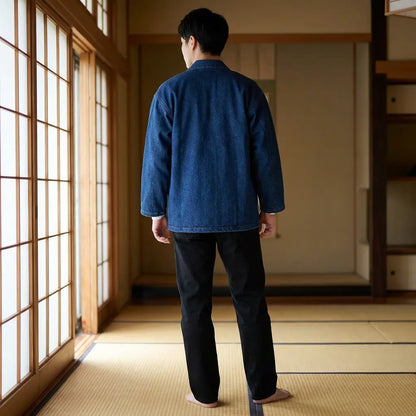 Rückansicht der blauen Haori Jacke mit vollständigem Rückenmotiv