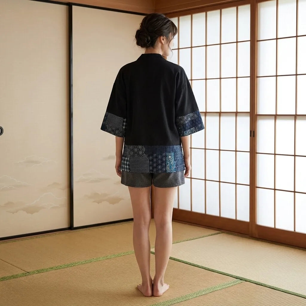 Haori Jacke Kimono Cardigan Rückenansicht mit floralem Wagara Muster