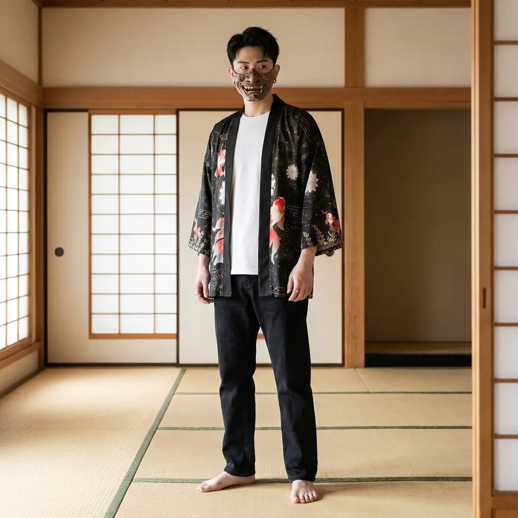 Mann trägt Haori Jacke im Streetwear Style in einem Washitsu Zimmer