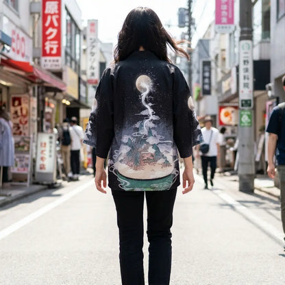 Frau von hinten in Haori Jacke Yume Yukata auf einer Harajuku Straße