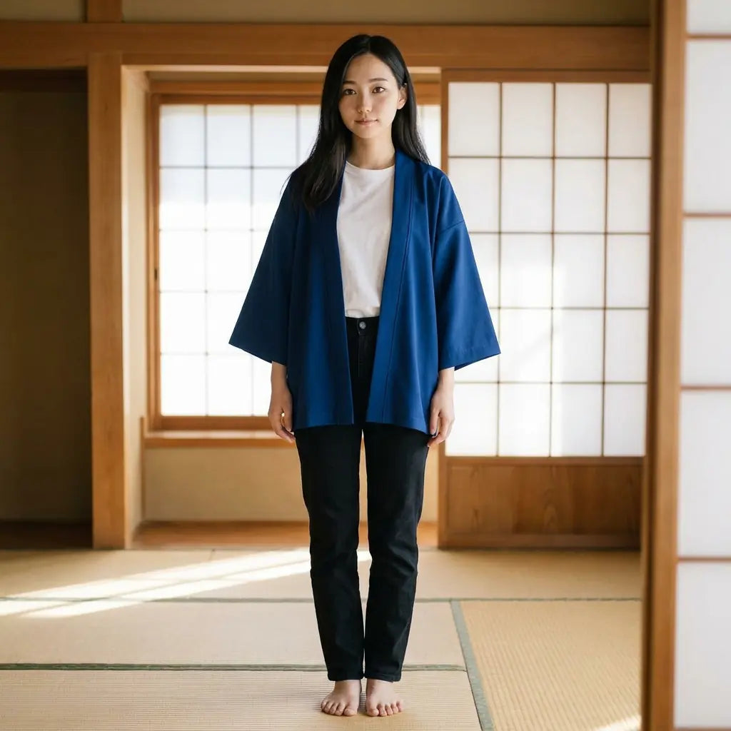 Dunkelindigo Haori-Jacke für Damen, barfuß auf Tatami über weißem T-Shirt getragen.