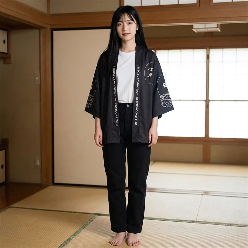 Frau trägt Haori Jacke in japanischem Raum mit Tatami und Shoji-Schiebetüren