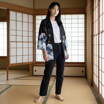 Frau trägt Haori Jacke im Layering-Look in einem Raum mit Tatami und Shoji