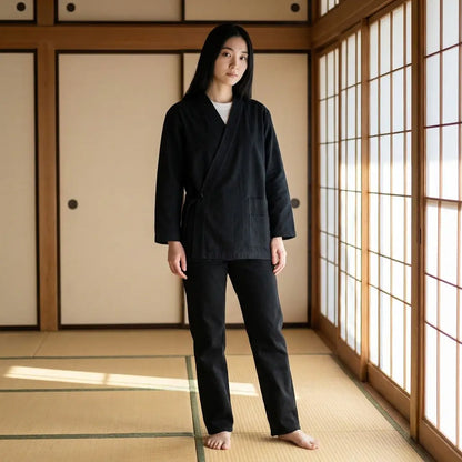 Frau trägt japanische Haori Jacke Samue in Washitsu Zimmer mit Tatami