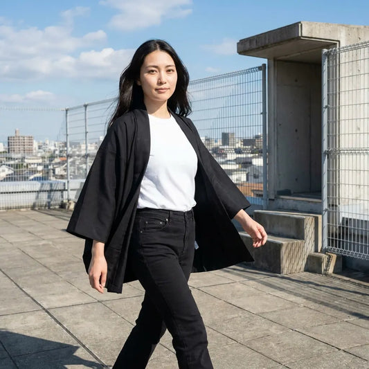 Haori-Jacke Damen von der Seite auf einem Dach mit weiten herabhängenden Ärmeln