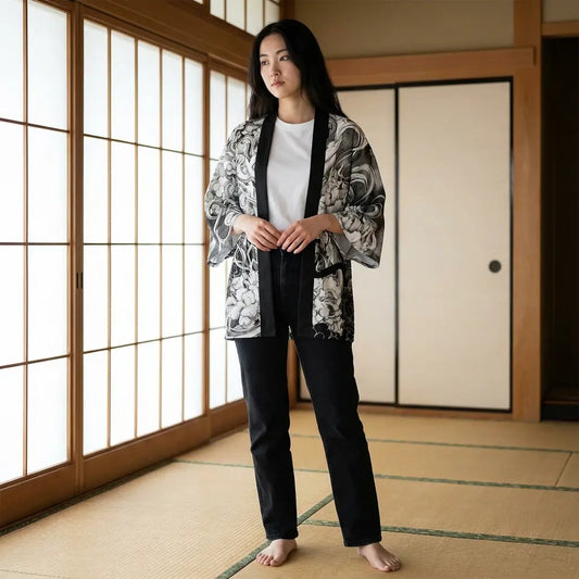 Frau trägt Haori Kimono Jacke in einem Raum mit Tatami und Shoji-Schiebetüren