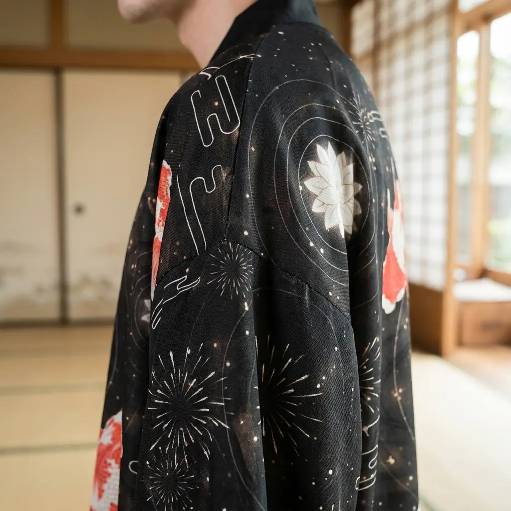 Nahaufnahme des Rückendrucks der Haori Kimono Jacke