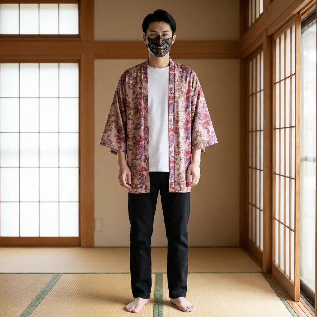 Mann trägt Haori Jacke Drache in japanischem Wohnraum, Frontalansicht
