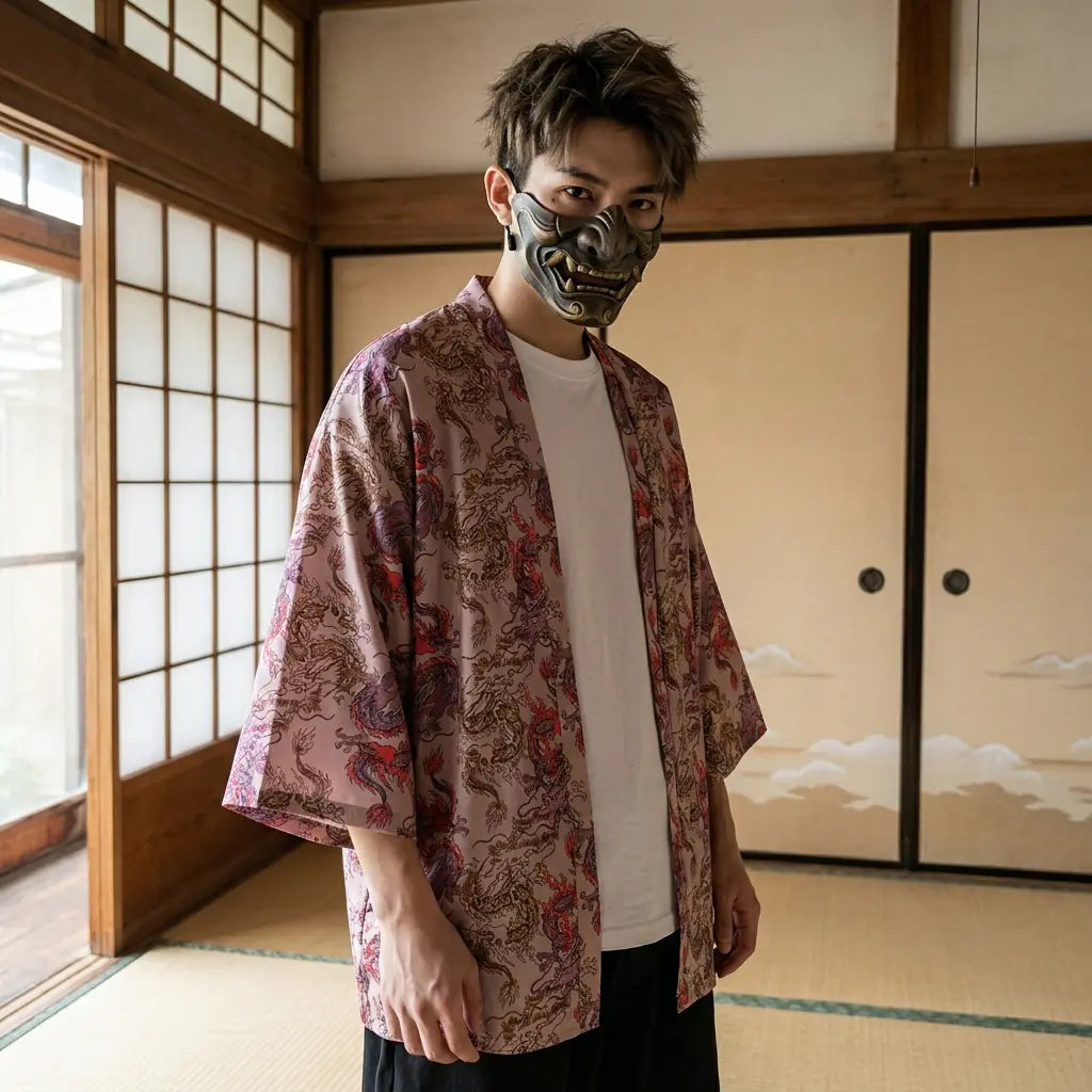 Mann trägt Haori Jacke Drache in traditionellem japanischen Zimmer mit Shoji-Schiebetüren