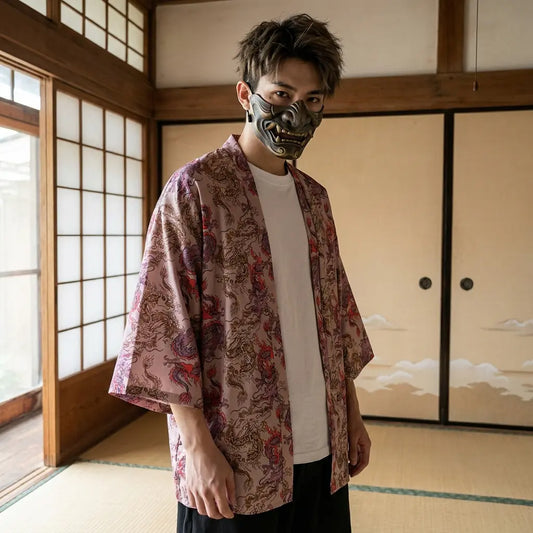 Mann trägt Haori Jacke Drache in traditionellem japanischen Zimmer mit Shoji-Schiebetüren