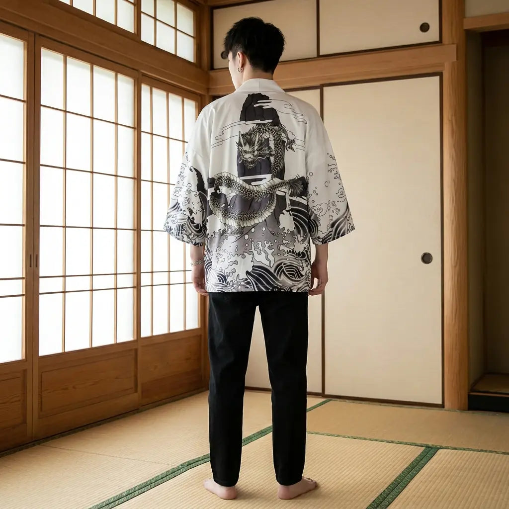 Rückansicht der Haori Jacke mit vollständigem Drachenmotiv auf dem Rücken