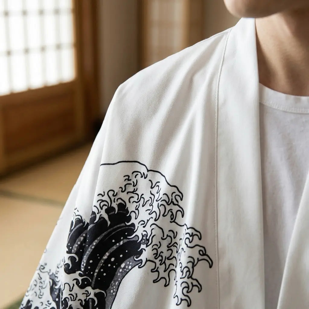 Nahaufnahme von Stoff und Ärmel der bedruckten Haori Jacke