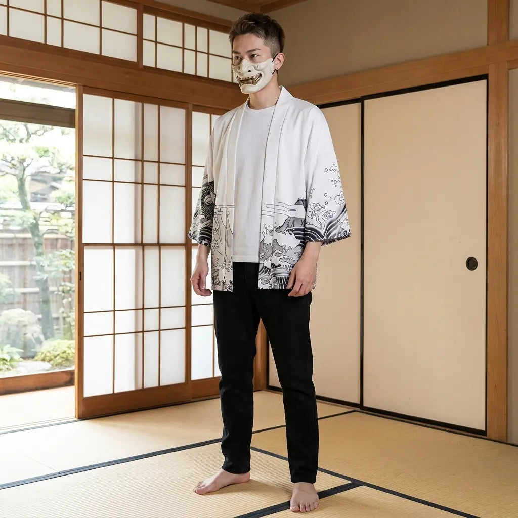 Mann trägt Haori Jacke mit Drachenprint in traditionellem japanischen Raum, Frontalansicht