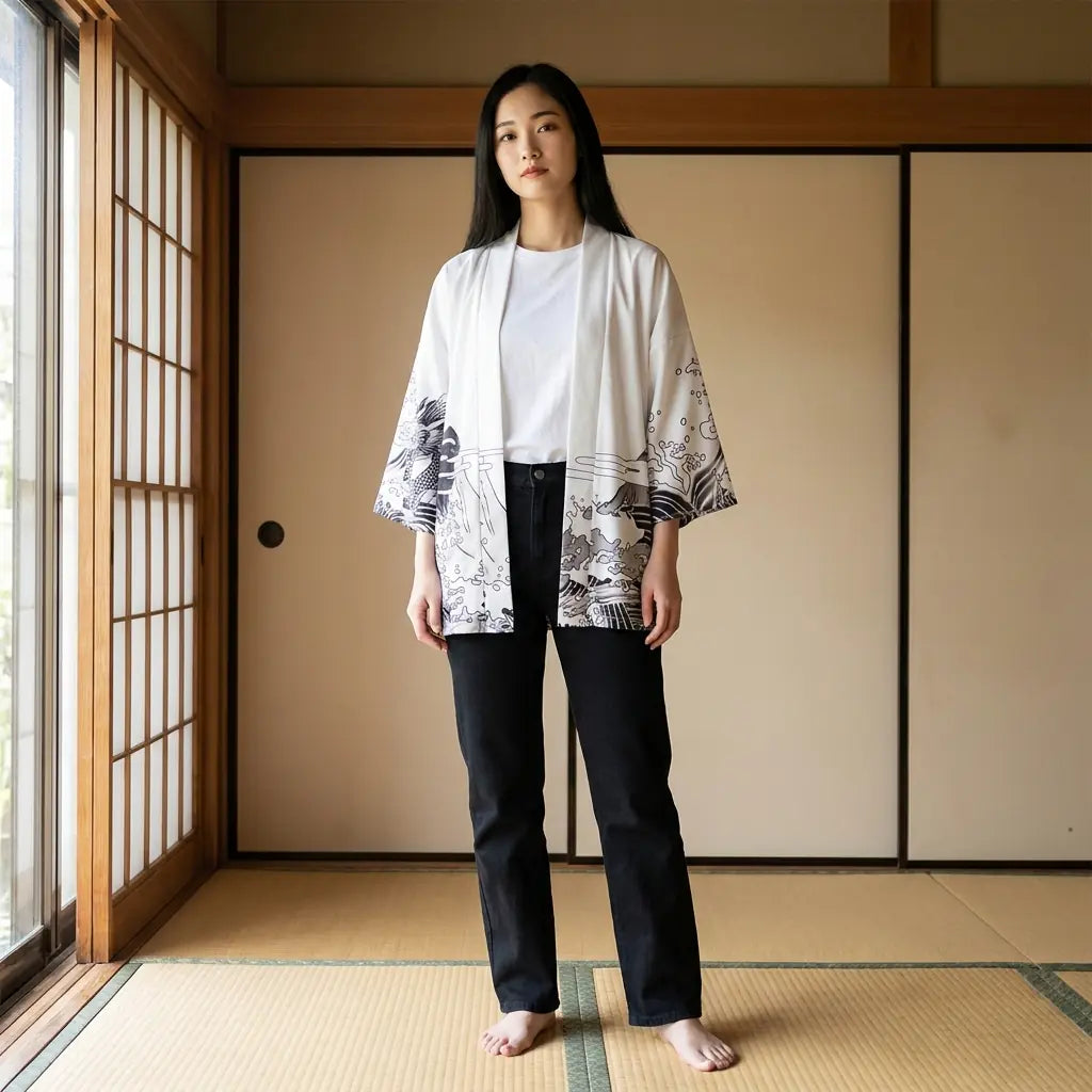Frau trägt Haori Jacke mit Drachenmuster in einem Raum mit Tatami und Shoji