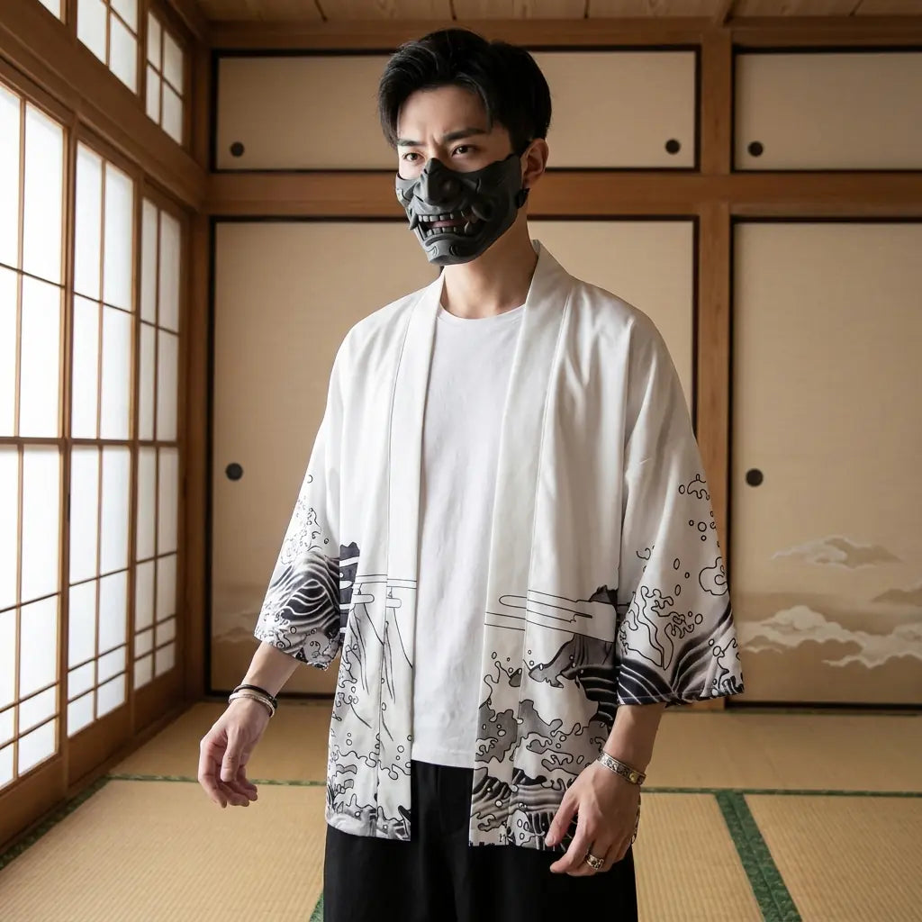 Mann trägt weiße Haori Jacke mit Drachenmotiv im japanischen Wohnzimmer, Frontalansicht