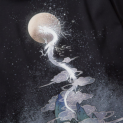 Drache und Vollmond als Muster auf schwarzer Haori Kimono Jacke