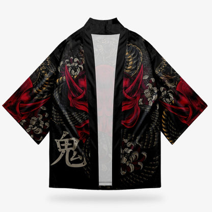 Yokai Kimono Haori Jacke mit Oni-Geist und Lycoris radiata Druck für Cosplay