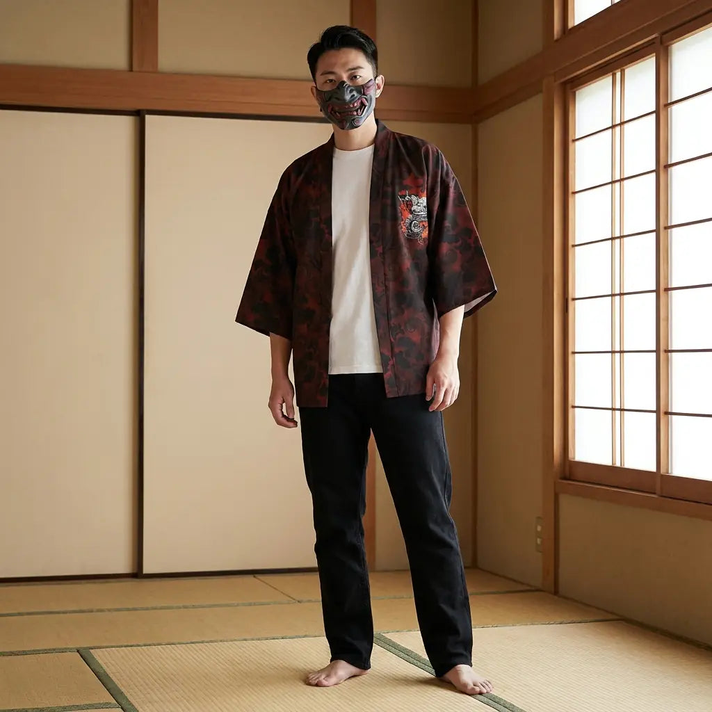Mann trägt Haori Kimono Jacke in traditionellem Washitsu Raum, Vorderansicht