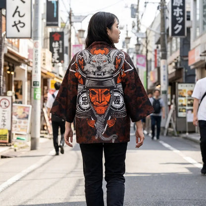 Frau von hinten fotografiert, trägt Haori Jacke auf einer Straße in Harajuku