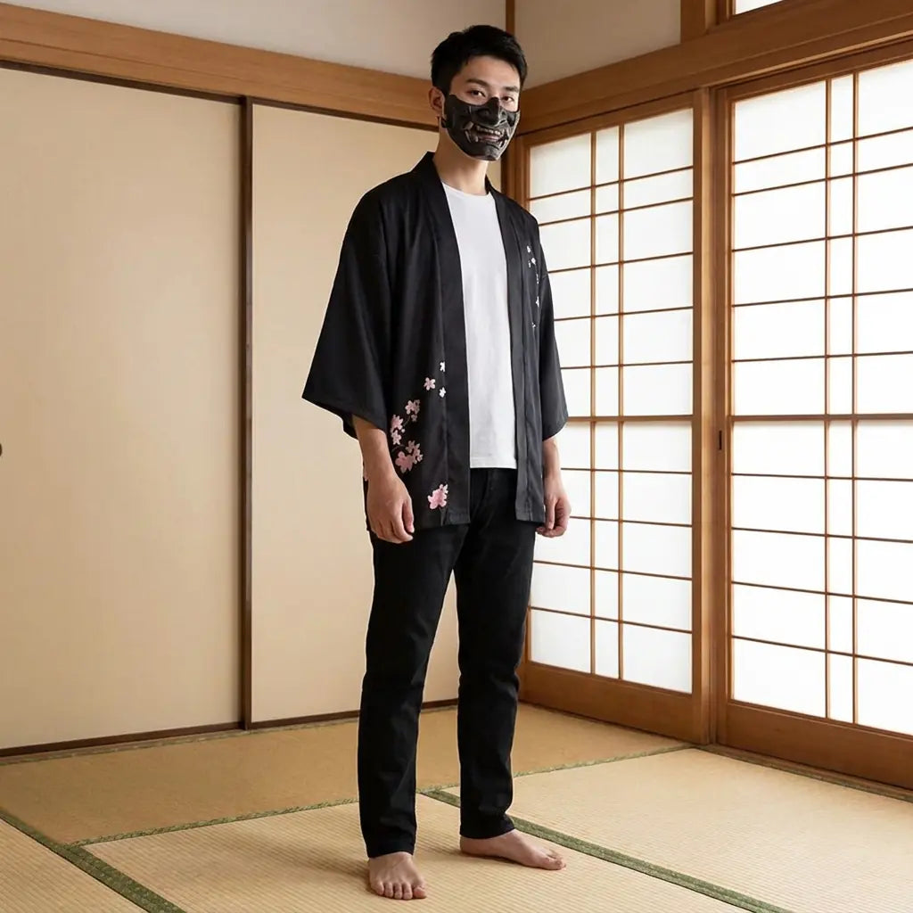 Mann trägt Haori Kimono Jacke mit Blumenmuster in traditionellem Tatami Raum
