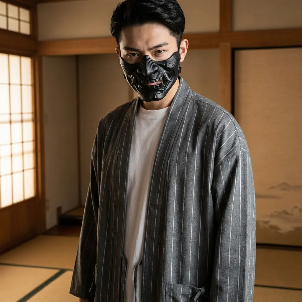 Mann trägt graue Haori Jacke mit Streifenmuster in japanisch inspiriertem Raum, Vorderansicht
