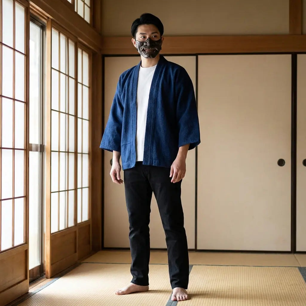 Mann trägt eine Vintage Haori Jacke in traditionellem japanischen Wohnraum, Frontansicht
