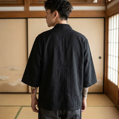 Haori Kimono Cardigan aus Baumwolle und Leinen in Rückansicht