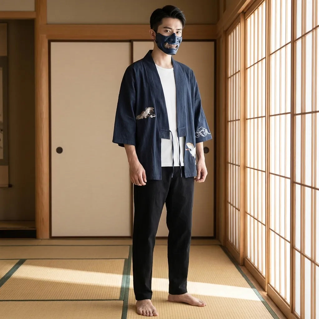Haori Kimono-Jacke Herren in Marineblau, offen über T-Shirt getragen