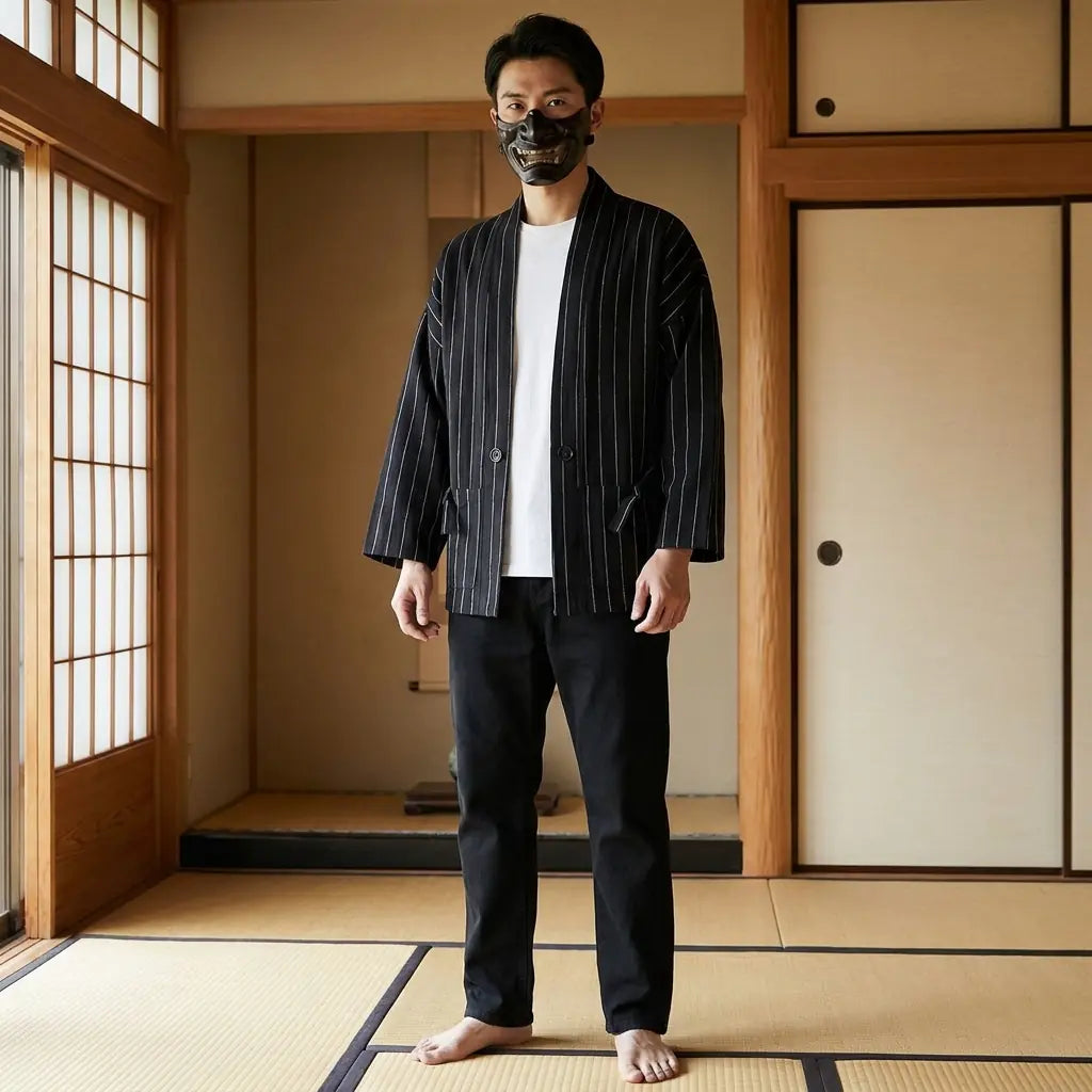 Mann trägt Haori Jacke Herren im Kimono Stil vor Shoji Wänden