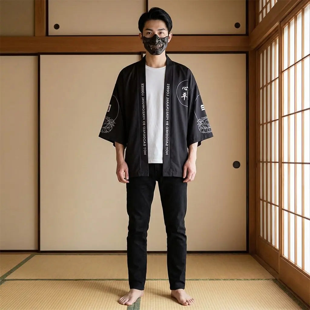 Mann trägt Haori Jacke in traditionellem japanischem Wohnraum mit Shoji-Schiebetüren