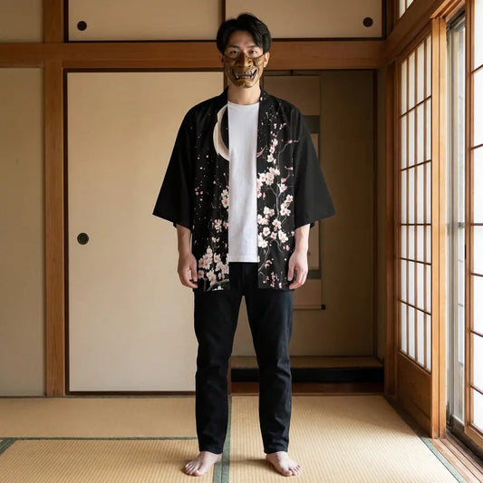 Mann trägt Haori Kimono Jacke mit Mond-Print, Frontalansicht in traditionellem Raum