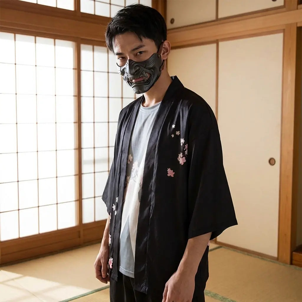 Mann trägt schwarze Haori Jacke mit Sakura Blütenmuster im japanischen Wohnzimmer