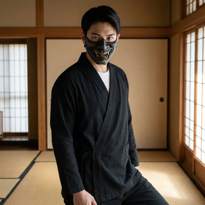Mann trägt japanische Haori Jacke Samue in traditionellem Washitsu Zimmer