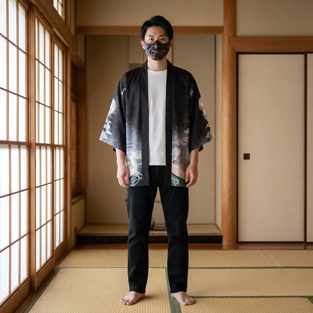 Mann trägt schwarze Haori Jacke mit Drachenmotiv in japanischem Raum