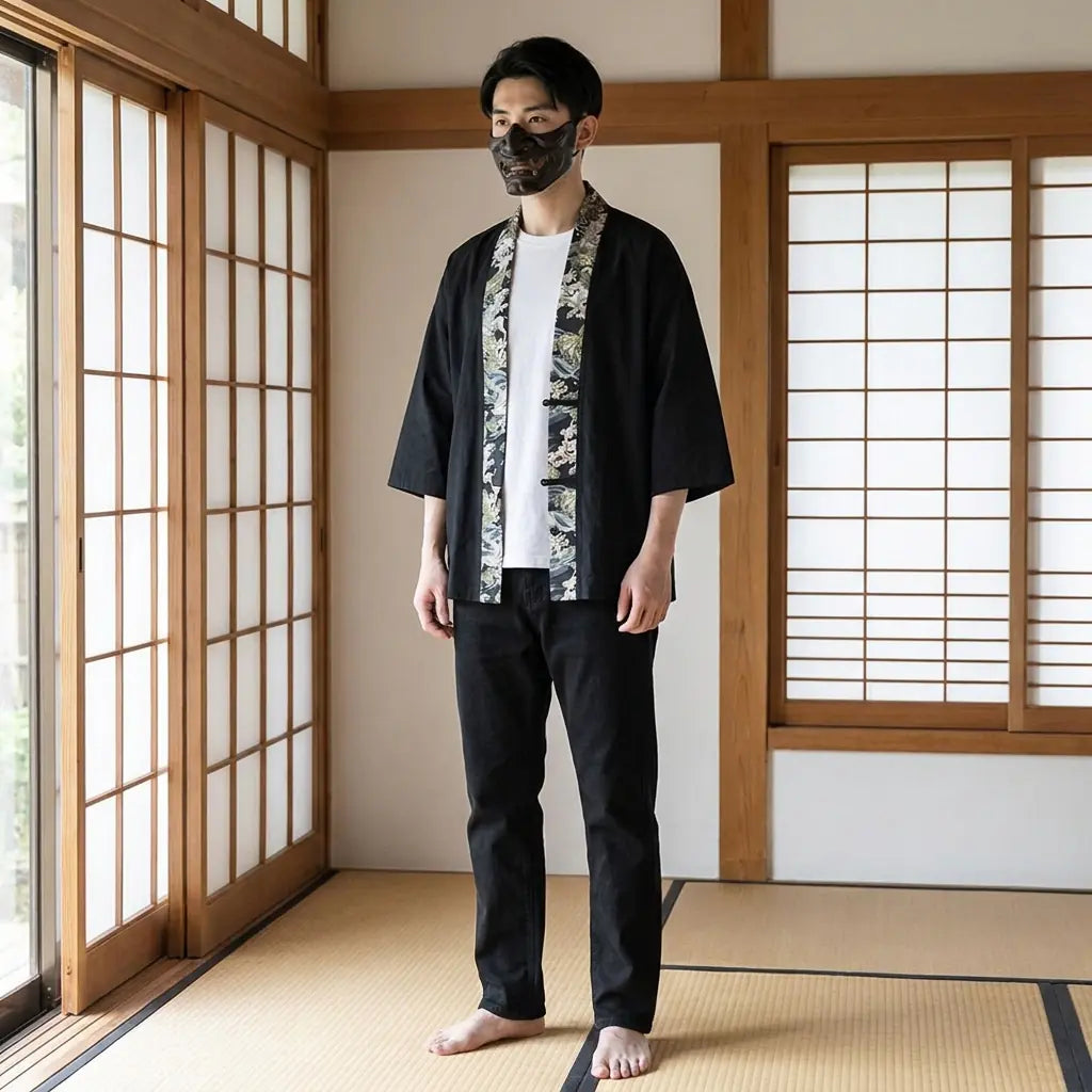 Mann trägt Haori Kimono Jacke in traditionellem Tatami Raum, Frontalansicht