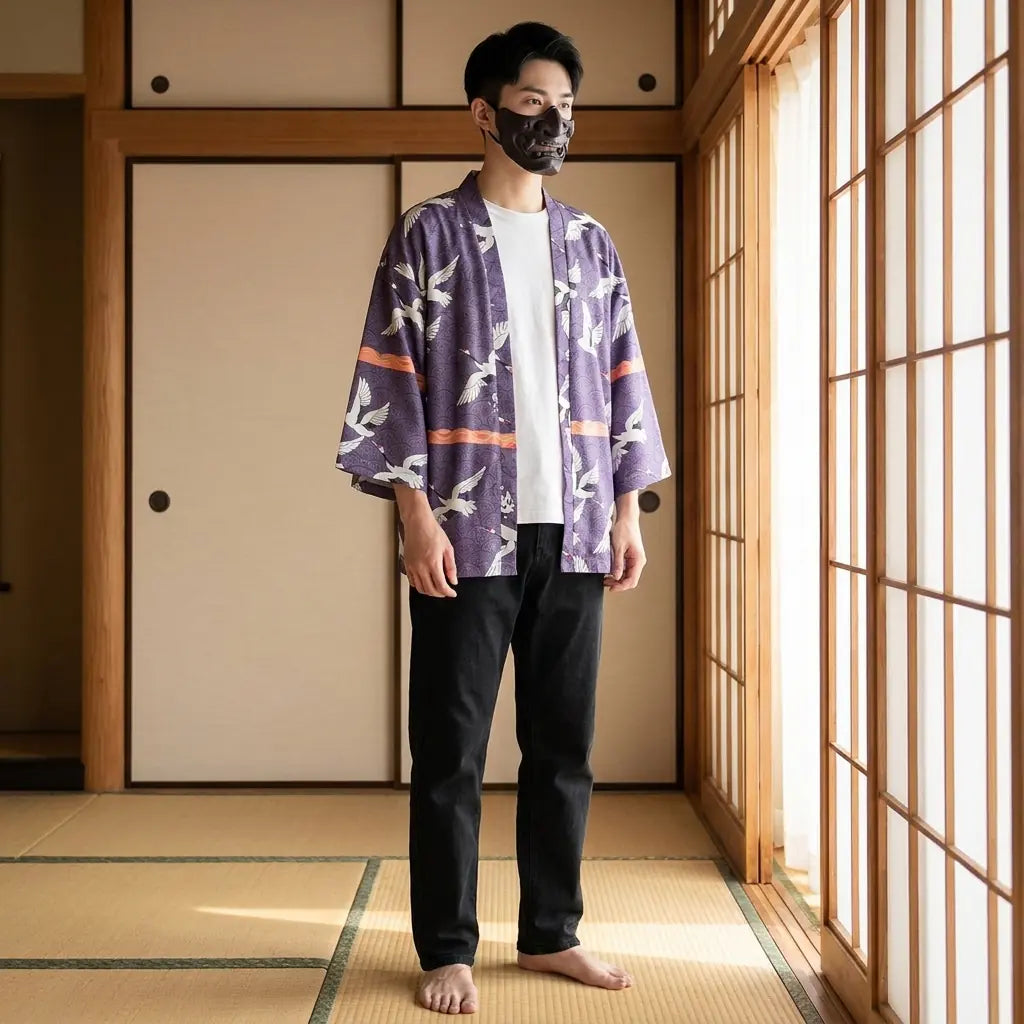 Mann trägt Haori Tokyo Jacke in traditionellem japanischen Raum, Frontansicht