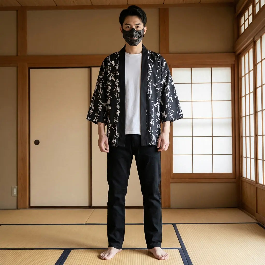 Mann trägt eine Haori Kimono Jacke in einem japanischen Washitsu-Raum, Frontalansicht