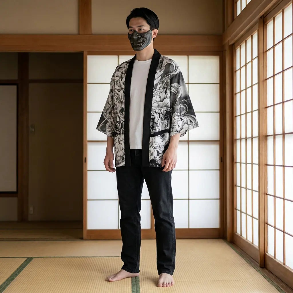 Mann trägt Haori Jacke im traditionellen Stil in einem Washitsu-Raum, Frontalansicht