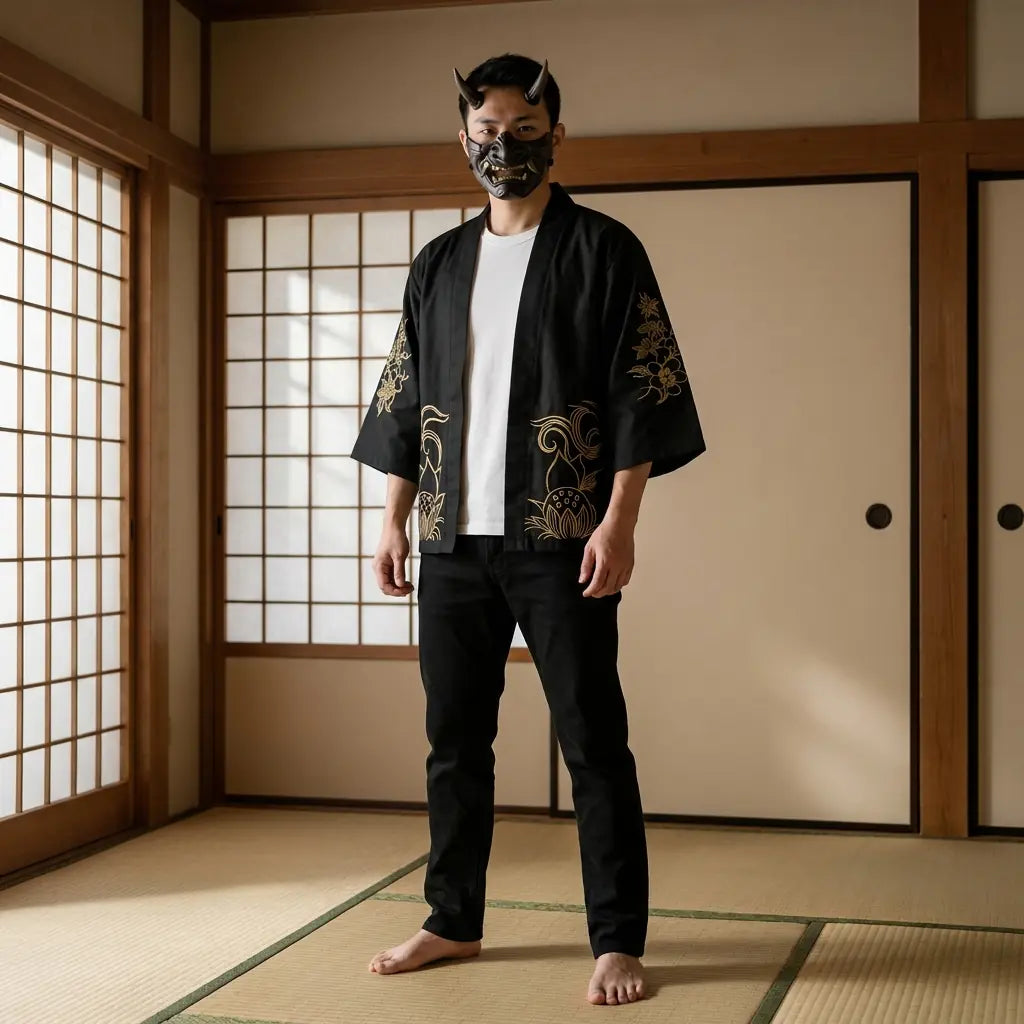 Mann trägt traditionelle Haori Jacke mit Kitsune Muster im Washitsu Raum, Frontansicht