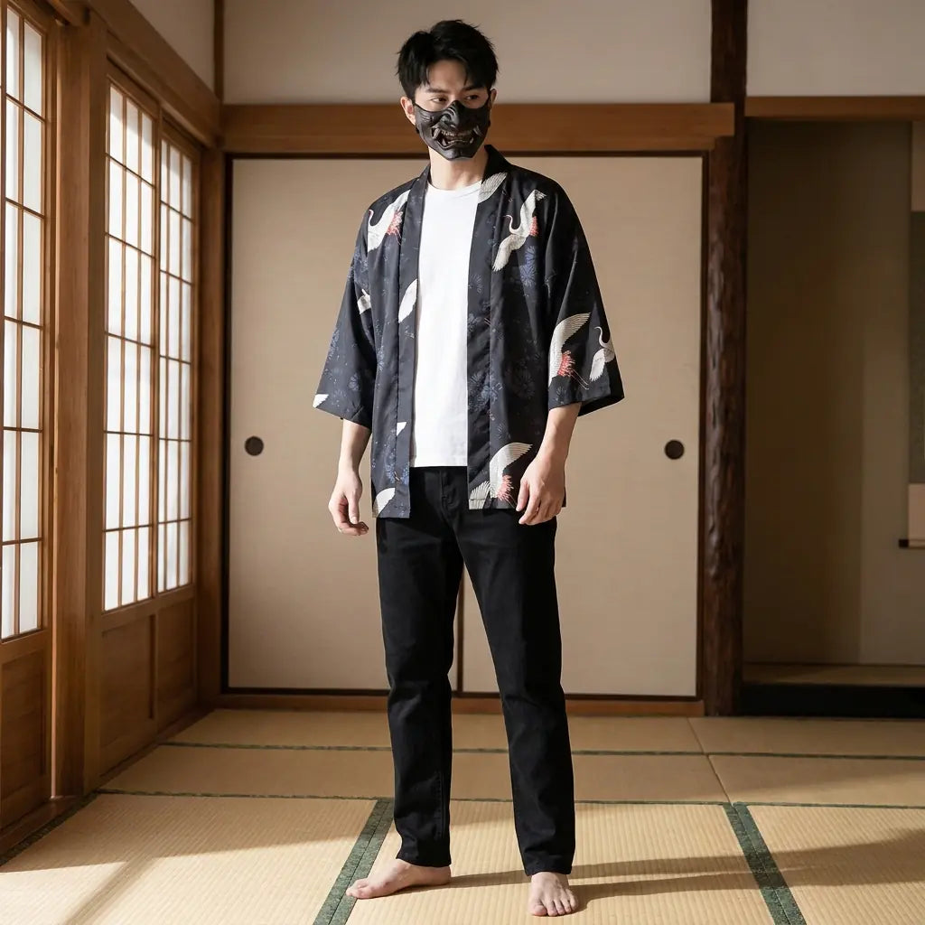 Mann trägt Haori Kimono Jacke Herren in traditionellem Tatami Raum, Frontalansicht