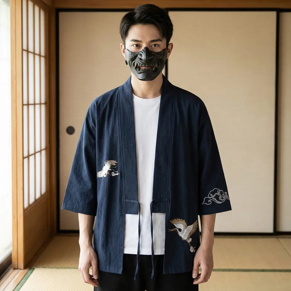 Marineblaue Haori Jacke für Herren von vorne