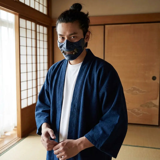 Mann trägt eine Vintage Haori Jacke in einem japanischen Wohnraum mit Shoji-Schiebetüren
