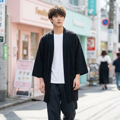Schwarze Haori Jacke Herren Vorderansicht mit lockerem Kimono-Schnitt