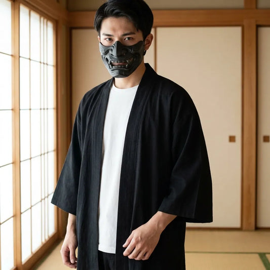 Haori Jacke Herren Schwarz getragen über weißem T-Shirt